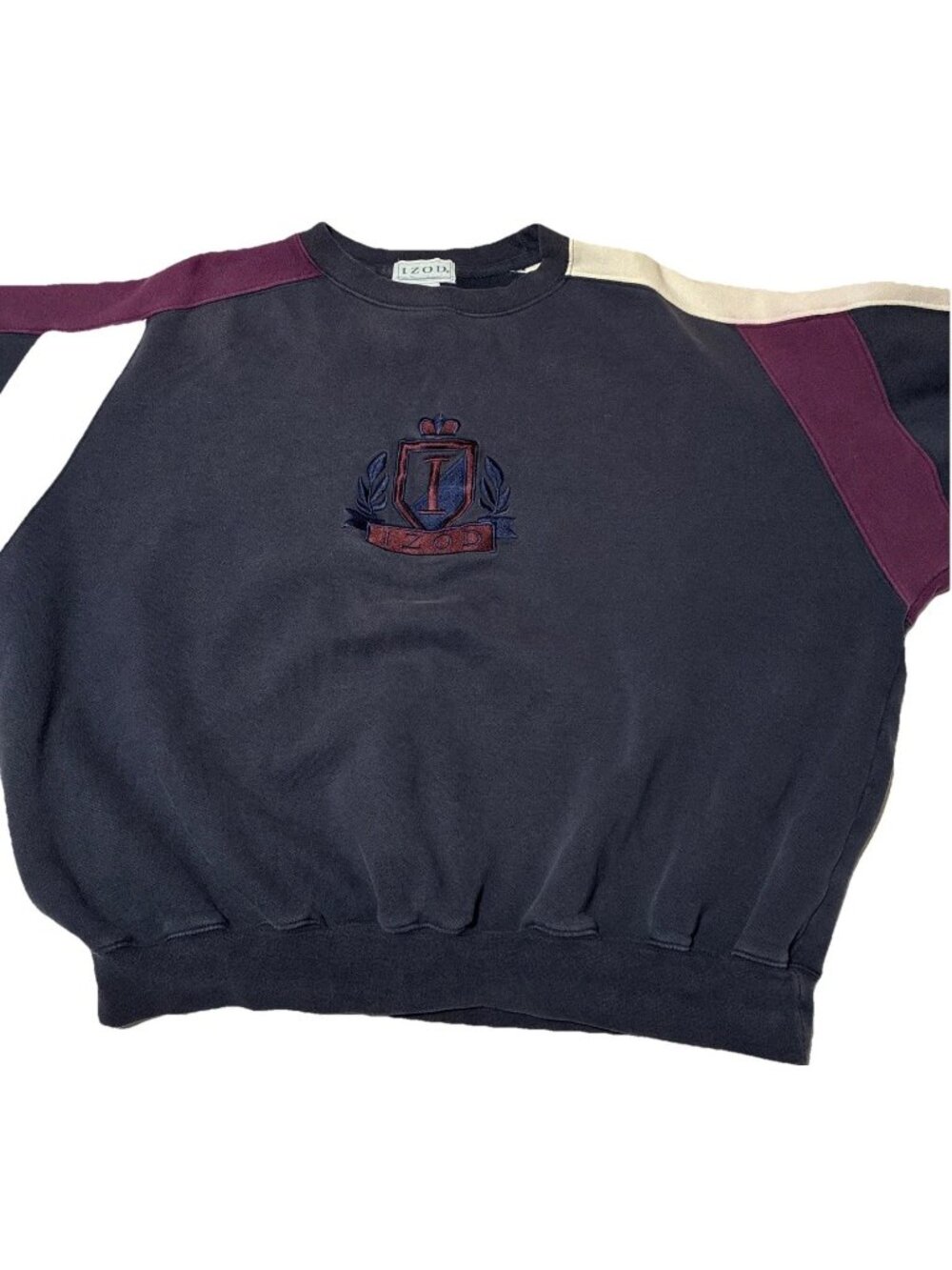 Vintage 90s Izod Colorblock Crest Sweatshirt Big 2X Navy Burgundy Crew Pullover